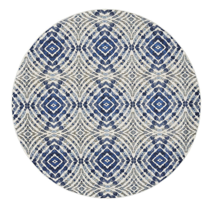 Abstract Distressed Stain Resistant Area Rug - Ivory Blue And Gray Round - 9'