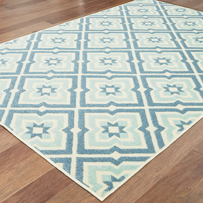 10' X 13' Geometric Stain Resistant Indoor / Outdoor Area Rug - Blue / Ivory