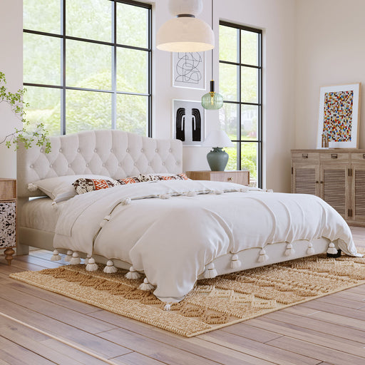 King Upholstered Platform Bed With Curved Adjustable Headboard And Diamond Tufted Details, No Box Spring Needed - Beige Hearth and Haven