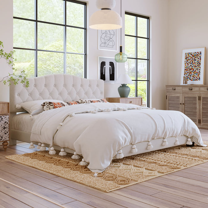 King Upholstered Platform Bed With Curved Adjustable Headboard And Diamond Tufted Details, No Box Spring Needed - Beige Hearth and Haven