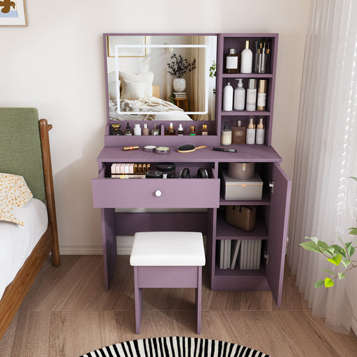 Vanity Desk Set With Padded Stool & Adjustable LED Mirror, 3 Color Mode Lighting, Compact For Bedroom - Purple Home Essentials
