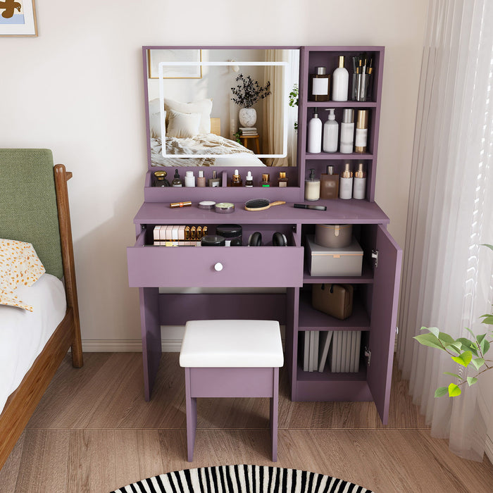 Vanity Desk Set With Padded Stool & Adjustable LED Mirror, 3 Color Mode Lighting, Compact For Bedroom - Purple Home Essentials