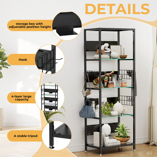 4 Tier Display Shelf With RGB Lights, LED Lighted Curio Cabinet With Adjustable Storage Box & Hooks - Black Daily Nest