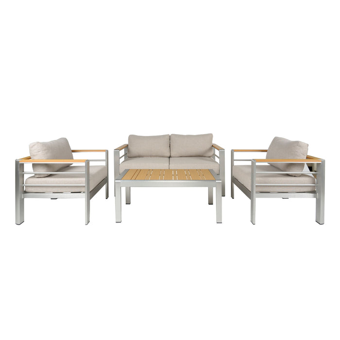 Cora - Outdoor Patio Aluminum 4 Pieces Chat Set - Beige / Natural / Silver