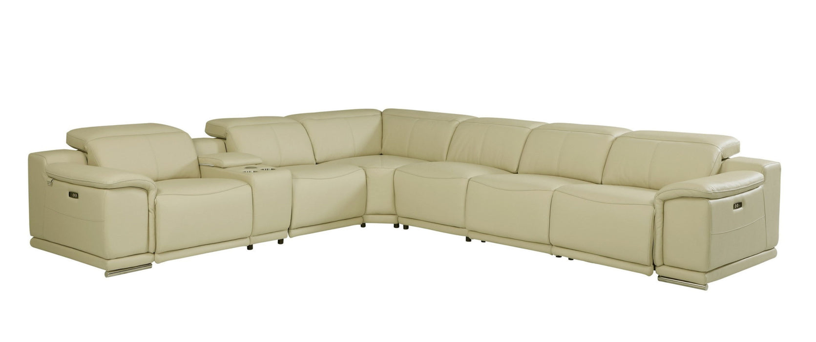 Italian Leather Power Reclining, U Shaped Seven Piece Corner Sectional With Console - Beige