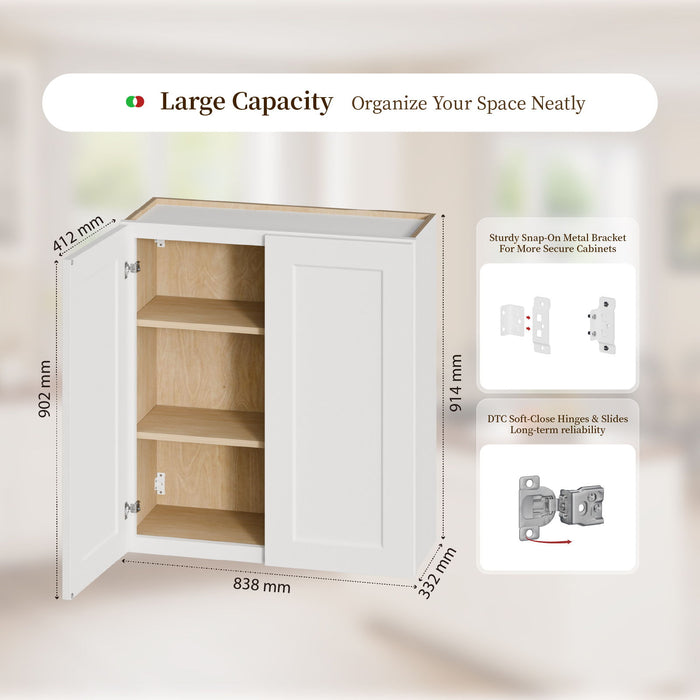 Shaker Wall Cabinet With Soft Close Hinges, Adjustable Shelves, Double Door Home Essentials