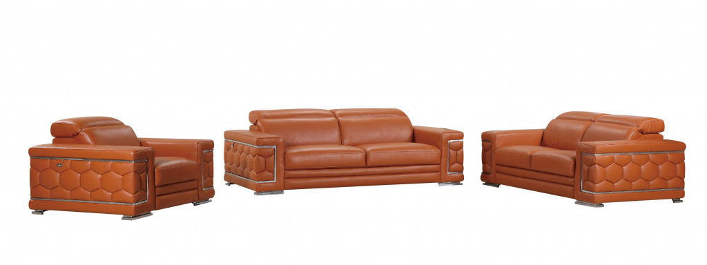 Three Piece Indoor Italian Leather Six Person Seating Set - Camel