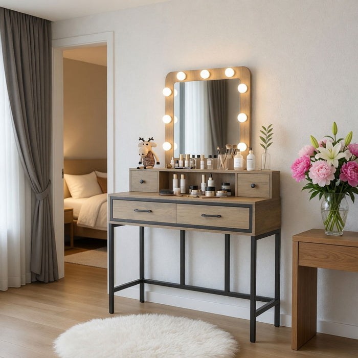 Vanity Desk With 3 Color Lighted Mirror And 4 Drawers Home Essentials