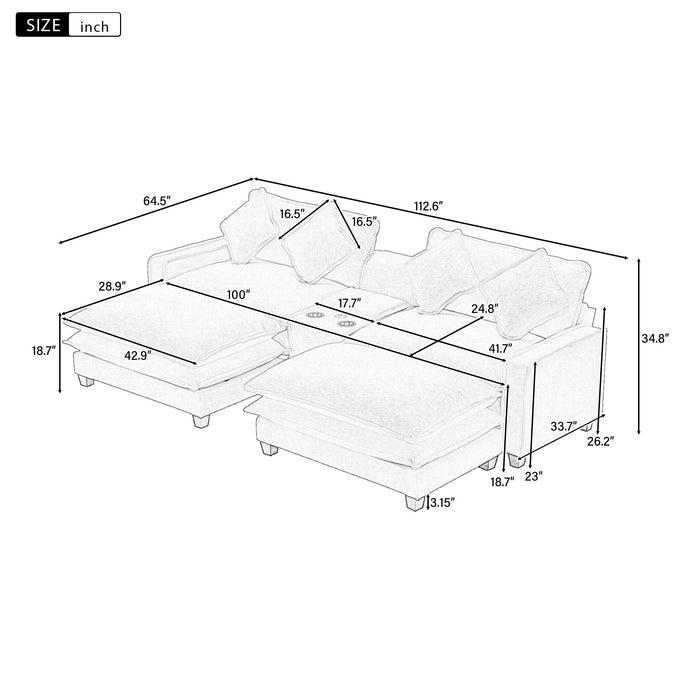 Sectional Sofa Chenille Upholstered Sofa With Two Removable Ottoman, Two USB Ports, Two Cup Holders And Large Storage Box For Living Room