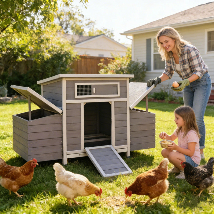 Chicken Coop, Large Outdoor Hen House With Run And Nesting Box Poultry Cage, Rabbit Hutch - Gray Daily Nest