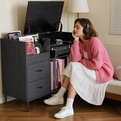 Eco-Friendly Vinyl Record Player Stand With Flip-Top Storage, Media Console With Dual Outlets And Dustproof Drawers Home Essentials