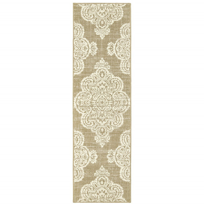 2' X 8' Oriental Stain Resistant Indoor / Outdoor Area Rug - Tan