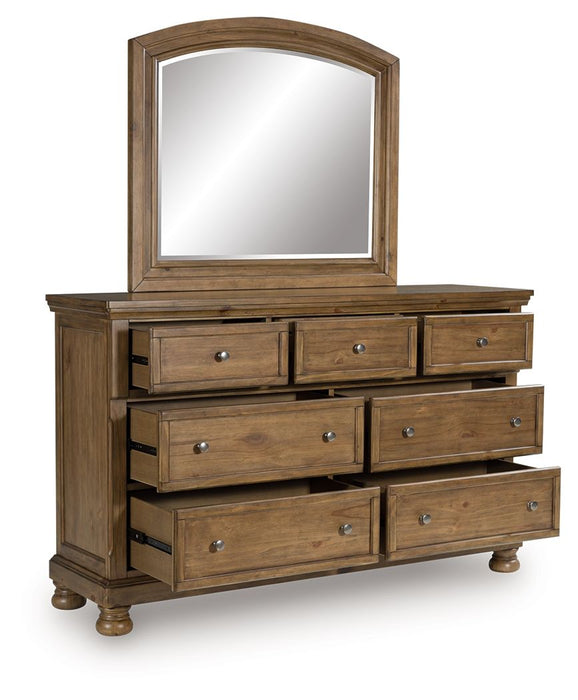 Feddinger - 5 Pc. - Queen Sleigh Storage Bed, Dresser, Mirror, Chest And Nightstand - Medium Brown Signature Design by Ashley®