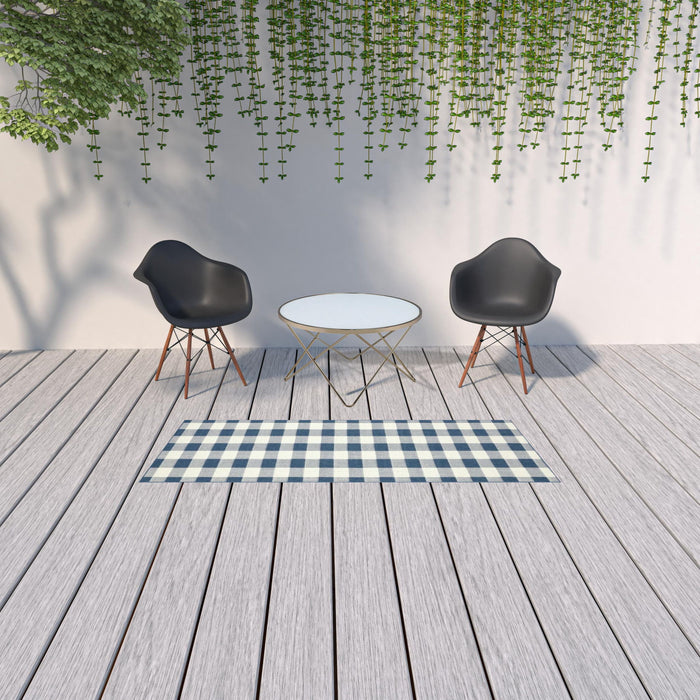 2' X 8' Geometric Stain Resistant Area Rug Outdoor / Indoor - Ivory / Blue