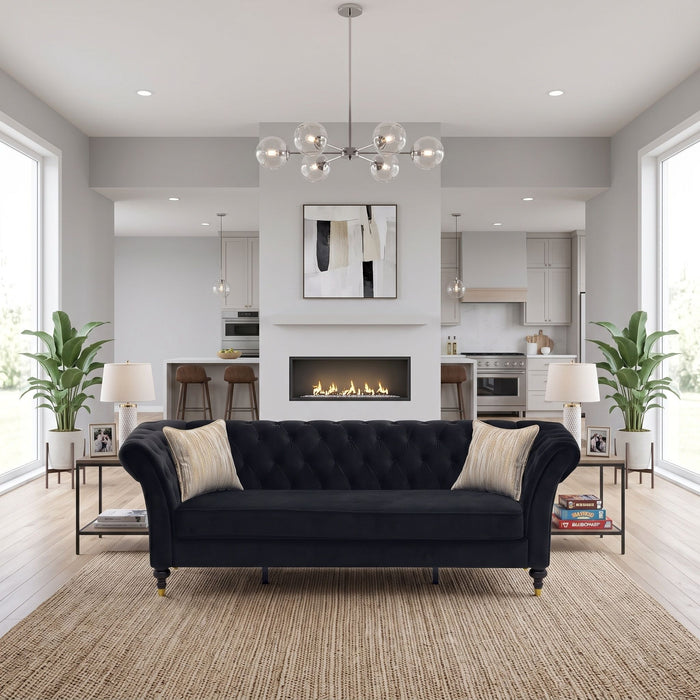 3 Seater Button Tufted Sofa With Rolled Arms, Living Room Couch With 2 Pillows - Black Home Essentials