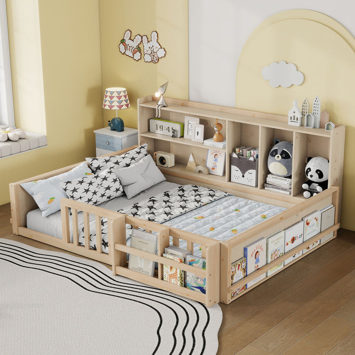 Platform Bed Frame With Guardrail, Storage Shelves & Bookshelf Home Essentials