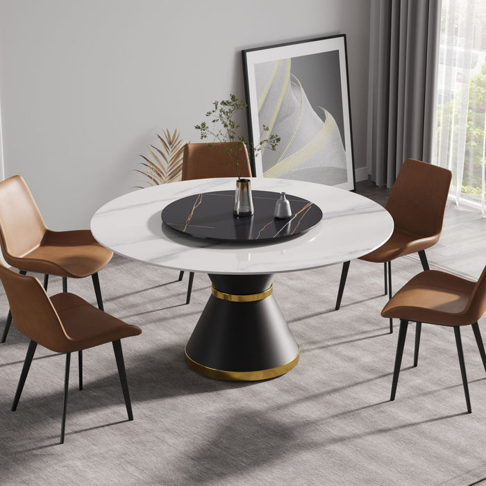 Modern Artificial Stone Round Carbon Steel Base Dining Table, Artificial Stone Turntable