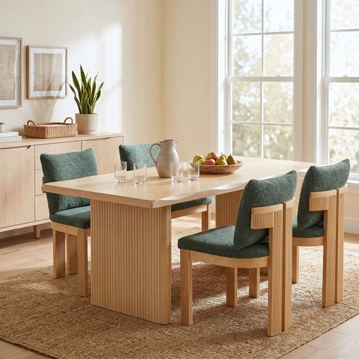 5 Piece Indoor Dining Set With Fluted Table Upholstered Chairs - Green / Natural Noble House
