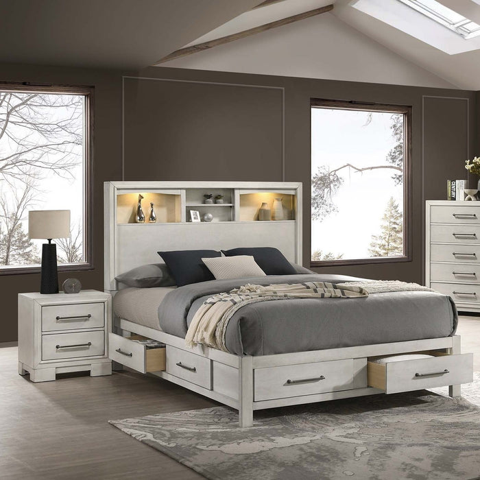 Transitional Bed With Smooth Gliding Drawers, Built In Lights, Open Headboard Shelves Home Essentials