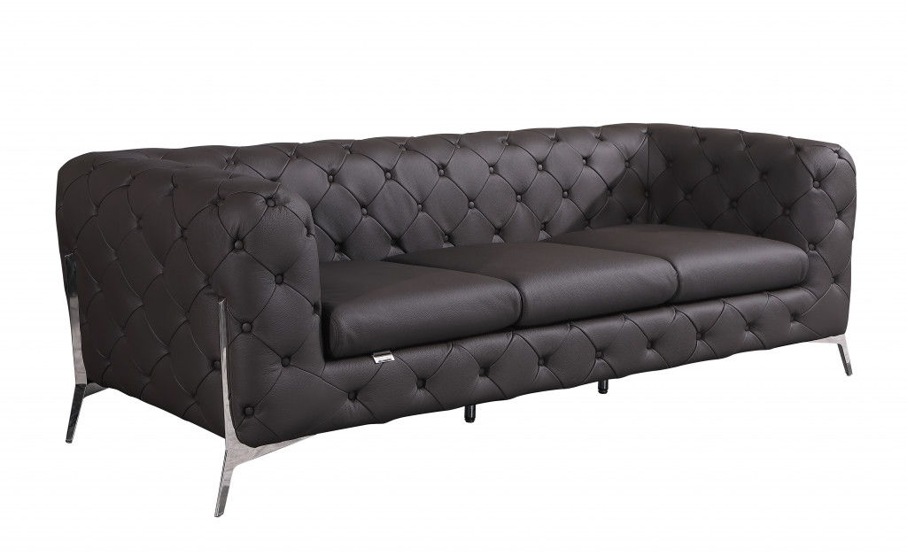 Italian Leather Sofa With Silver Legs - Dark Brown