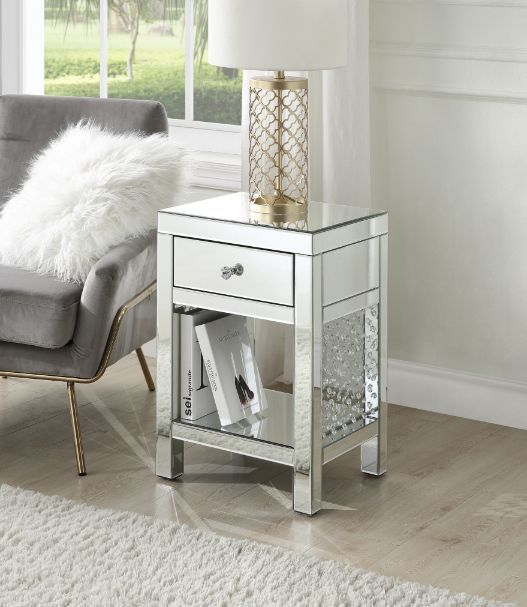 Nysa - 18" X 14" Accent Table - Mirrored & Faux Crystals ACME
