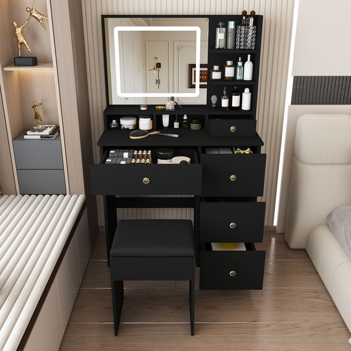 Vanity Desk With Mirror, 3 Color Lighting And Stool Home Essentials