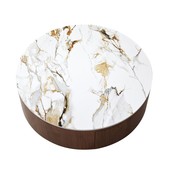 Round Coffee Table With 2 Drawers For Living Room - Walnut Brown / White / Multi Home Essentials
