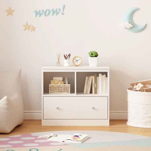 Toy Storage Organizer With Large Drawer And Low Bookshelf For Nursery & Playroom - White Home Essentials