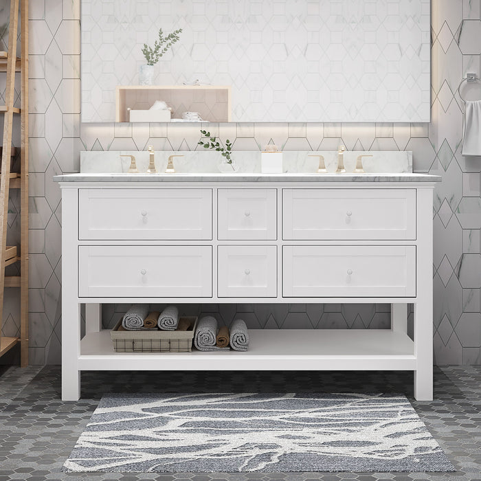 61'' Bathroom Vanity With Marble Top & Double Ceramic Sinks, 4 Drawers, Open Shelf, White
