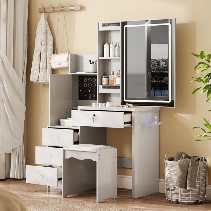 Vanity Desk Set With Sliding Lighted Mirror, 4 Drawer Makeup Dressing Table With 9 Storage Spaces, Hidden Compartments & Cushioned Stool, Beauty Furniture For Bedroom - White Home Essentials