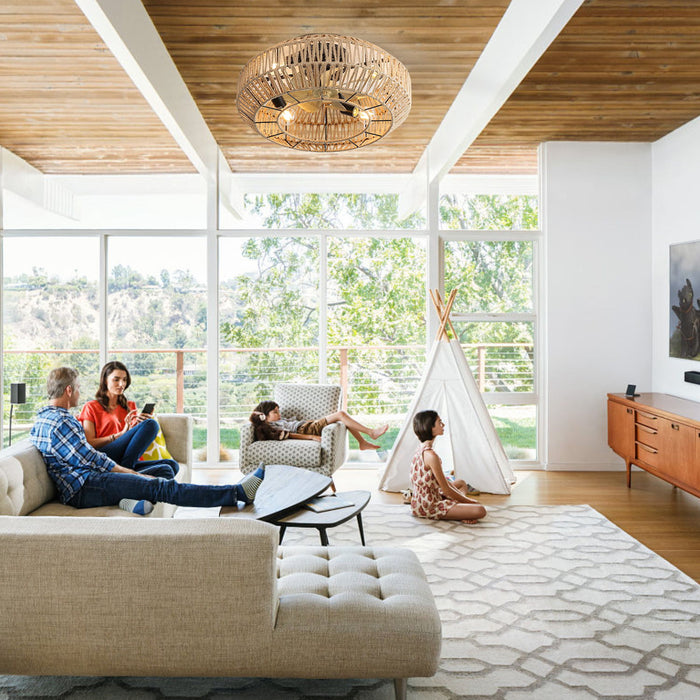 22" Caged Ceiling Fan With DC Motor, 6 Speeds Remote Control For Living Room - Rattan Daily Nest