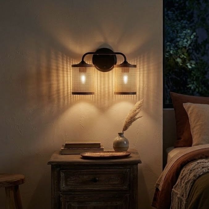 Quell - Double Light Vanity With Natural Shade Wall Lamp - Black / Rattan Ashcroft Furniture