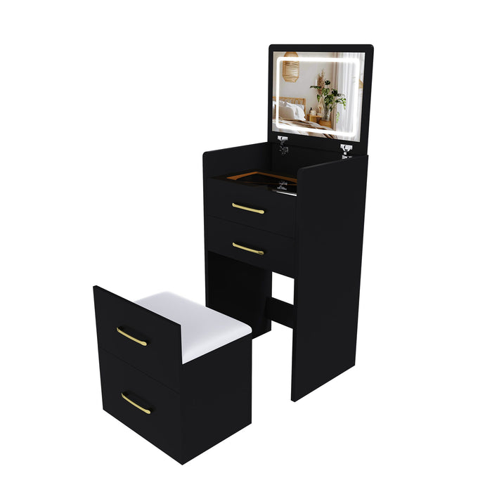 3 In 1 Vanity Desk With Open Top Mirror, Glass Desktop Makeup Set With 3 Drawers, Compact Dressing Table For Bedroom - Black Home Essentials