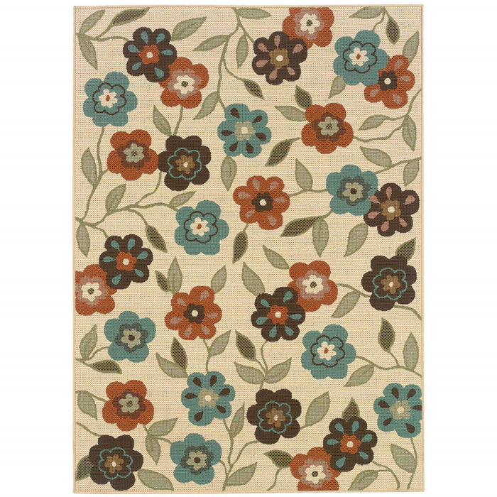 7' X 10' Floral Stain Resistant Outdoor & Indoor Area Rug - Brown / Ivory