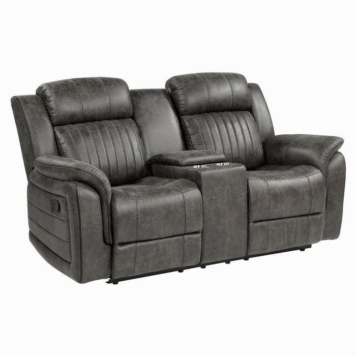 Classic Brownish Gray 1 Piece Double Reclining Loveseat With Storage Console Cupholder Plush Comfort Pillow - Top Arms Vertical Tufting Solid Wood Transitional Living Room Furniture