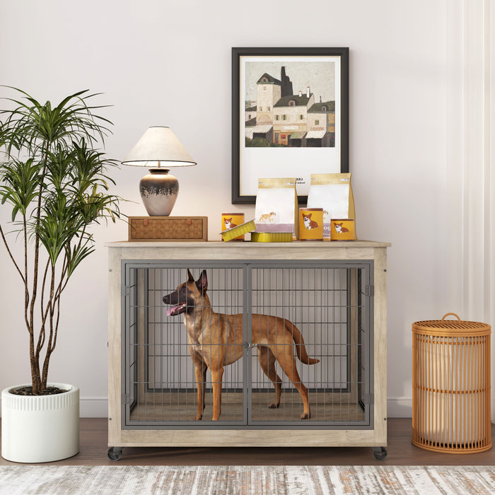 Furniture Style Dog Crate Side Table On Wheels With Double Doors And Lift Top, Gray