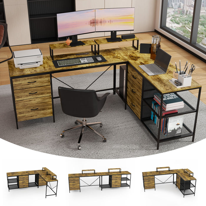 Industrial L Shaped Computer Desk With Power Outlets & USB-C, 6 Fabric Drawers, 3 Open Shelves, Movable Monitor Stands - Brown Home Essentials