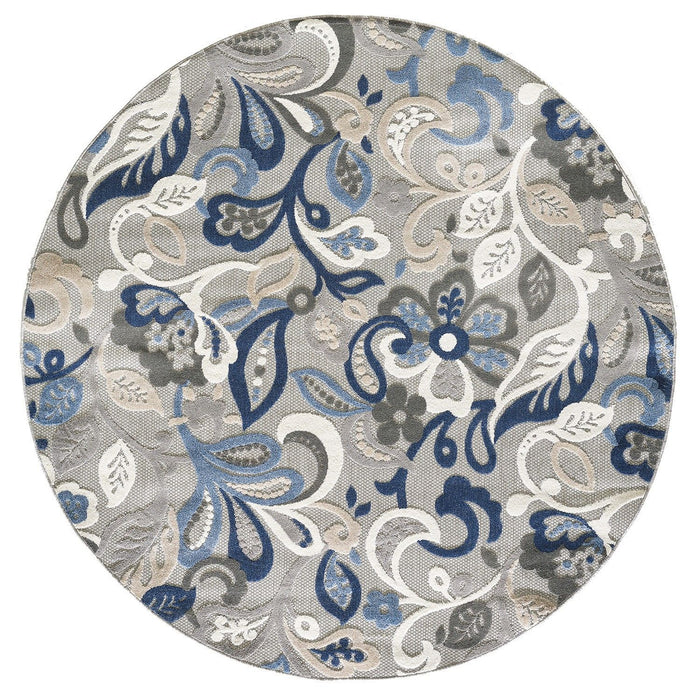 8’ Round Jacobean Floral Indoor / Outdoor Area Rug - Gray Blue