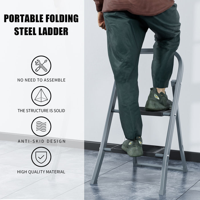 2 Step Ladder, Step Stool For Adults, Folding Step Stool With Wide Anti - Slip Pedal, Sturdy Steel Ladder - Gray