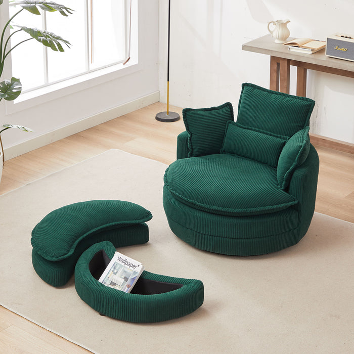 38" W Oversized Swivel Chair With Moon Storage Ottoman For Living Room, Modern Accent Round Loveseat Circle Swivel Barrel Chairs For Bedroom Cuddle Sofa Chair Lounger Armchair, 4 Pillows, Corduroy - Green