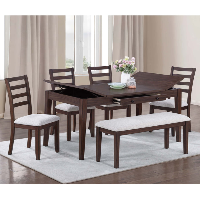 6 Piece Dining Set Table With Storage Ladder Back Chairs And Bench - Walnut Home Essentials
