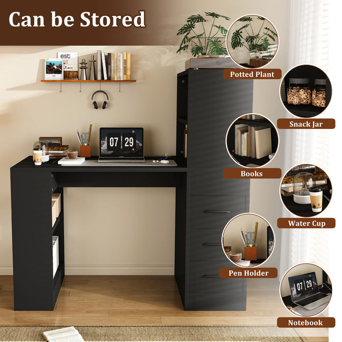 Computer Desk With 4 In 1 Socket & 3 Drawers, 4 Tier Shelves Home Essentials