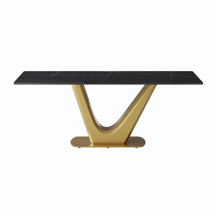 Modern Artificial Stone Panel V-Shaped Metal Legs, Can Accommodate 8 People - Black / Gold