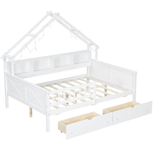 House Style Platform Bed With LED Lights, Storage Shelves, Drawers, And Guardrail Hearth and Haven
