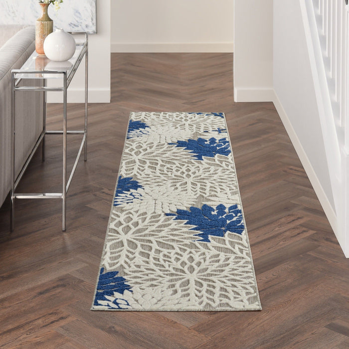 2' X 8' Floral Indoor & Outdoor Area Rug - Blue / Ivory