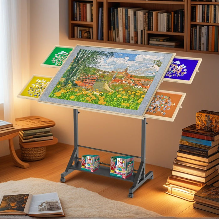 360 Degree Tilting Wooden Puzzle Table With 1500 Pieces, Rolling Design With Adjustable Height, Drawer, And Protective Cover - Black / Natural Wood Home Essentials