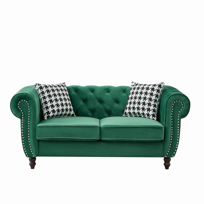 Chesterfield Velvet Fabric Sofa With Roll Armrest And Nailhead, Mid Century 2 Seater Couch