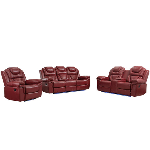 Home Theater Seating Manual Recliner Chair With Center Console And LED Light Strip For Living Room - Red Hearth and Haven