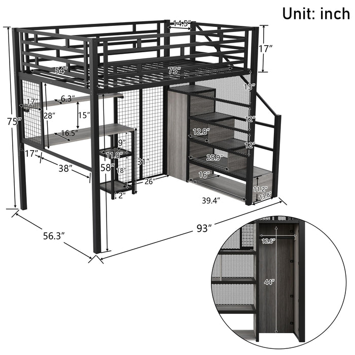 Full Size Metal Loft Bed With Wardrobe, Desk, Storage Shelves - Black