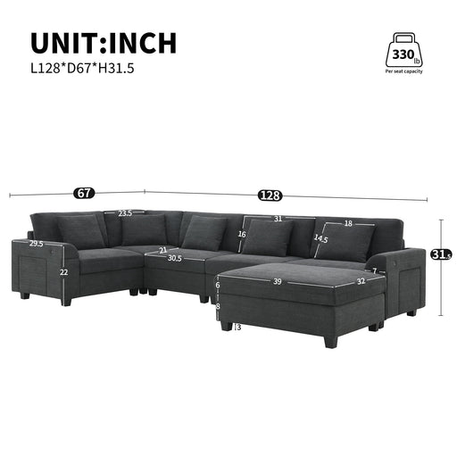 U Shaped Sectional Sofa 6 Seat Couch Set With Oversized Ottoman, Hidden Armrest Storage And Cup Holders USB Charging Ports Wide Seat Sofa Luxe & Co.